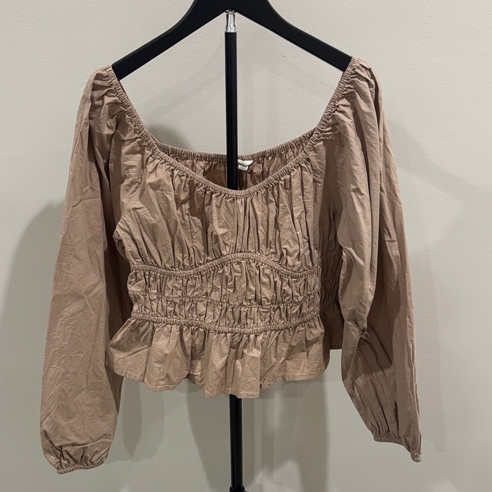 Smocked Ruffle Peasant Top in Taupe